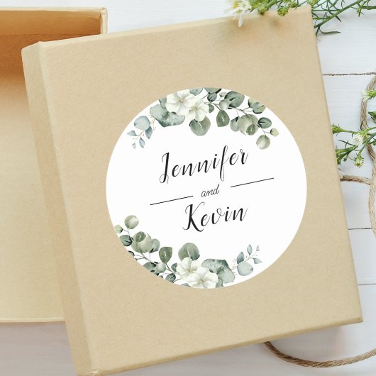 Elegant groen Eucalyptus gepersonaliseerde bruilof Ronde Sticker