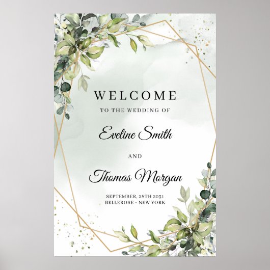 Elegant groen eucalyptus goud bruiloft welkom poster (Voorkant)