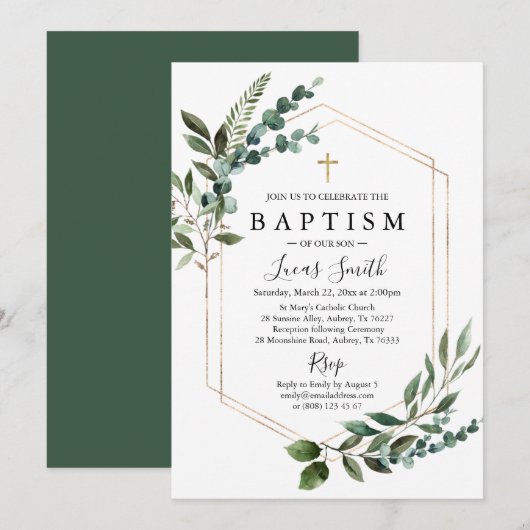 Elegant groen Eucalyptus Goud Kruis Doop Kaart (Voorkant / Achterkant)