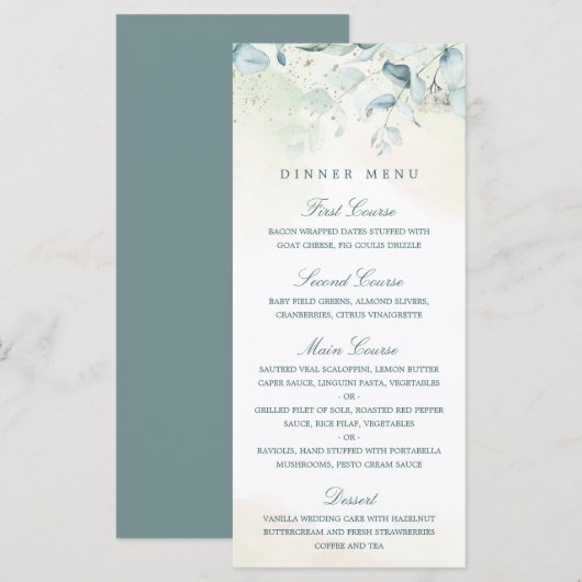 Elegant groen eucalyptus-huwelijk menu (Voorkant / Achterkant)