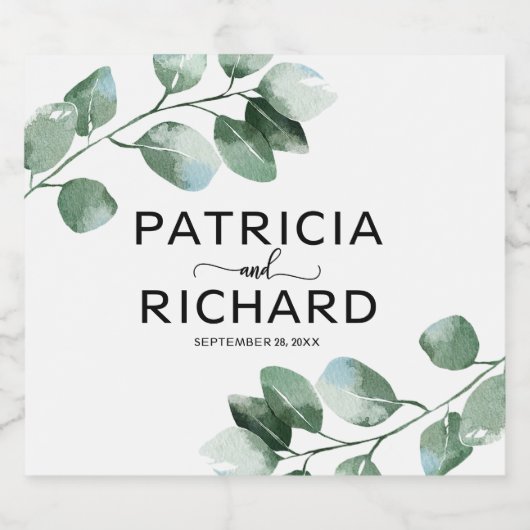 Elegant groen Eucalyptus kalligrafie bruiloft Sparkling Wijnetiket (Enkel label)