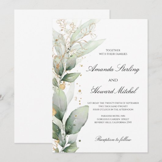 Elegant groen eucalyptus laat gouden bruiloft acht kaart (Voorkant / Achterkant)