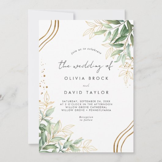 Elegant groen Eucalyptus laat moderne bruiloft Kaart (Voorkant)