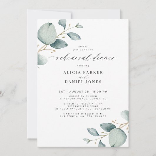 Elegant groen eucalyptus repetitie diner kaart (Voorkant)