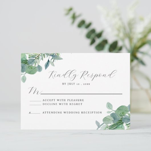 Elegant groen Eucalyptus RSVP Response Kaart (Staand voorkant)