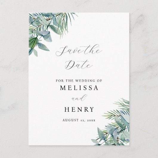 Elegant groen eucalyptus save-the-date-ansichtkaar briefkaart (Voorkant)