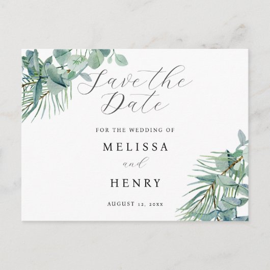 Elegant groen Eucalyptus Save the Date Briefkaart (Voorkant)