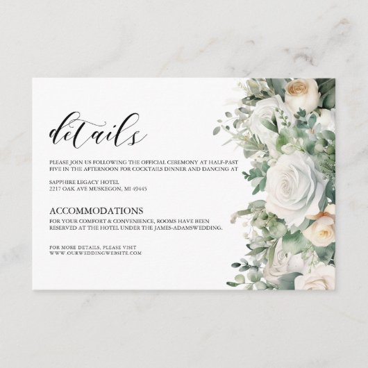 Elegant groen eucalyptus wit rose bruiloft informatiekaartje (Voorkant)