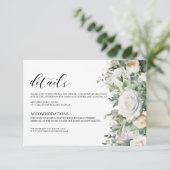 Elegant groen eucalyptus wit rose bruiloft informatiekaartje (Staand voorkant)
