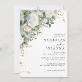 Elegant groen eucalyptus wit rose bruiloft kaart (Voorkant)