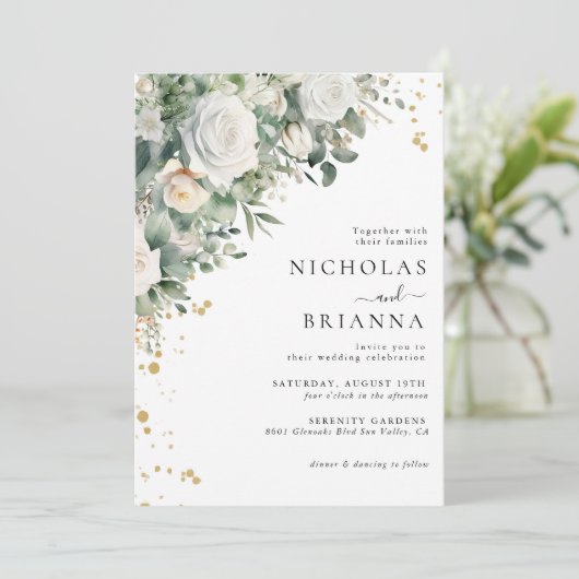 Elegant groen eucalyptus wit rose bruiloft kaart (Staand voorkant)