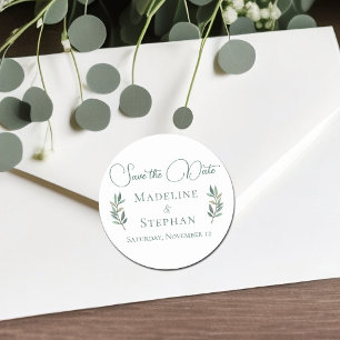 Elegant groen eucalyptusblad modern save the date ronde sticker