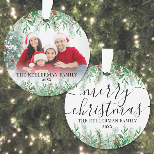 Elegant groen Familiefoto Vrolijk Kerstfeest Ornament