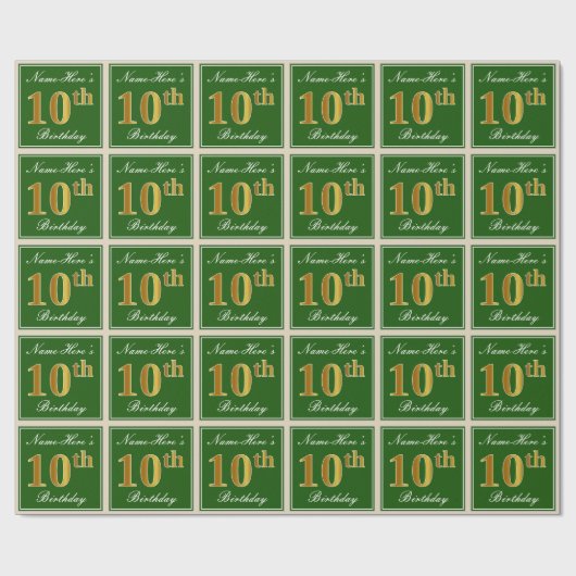 Elegant, groen, Faux Gold 10th Birthday + naam Cadeaupapier (Vlak)