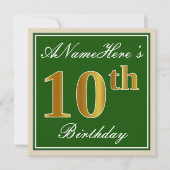 Elegant, groen, Faux Gold 10th Birthday + naam Kaart (Voorkant)