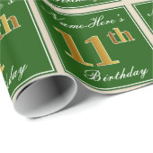 Elegant, groen, Faux Gold 11th Birthday + naam Cadeaupapier (Rol Hoek)