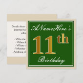 Elegant, groen, Faux Gold 11th Birthday + naam Kaart (Voorkant / Achterkant)