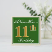 Elegant, groen, Faux Gold 11th Birthday + naam Kaart (Staand voorkant)