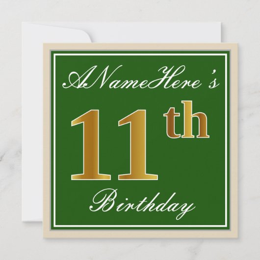 Elegant, groen, Faux Gold 11th Birthday + naam Kaart (Voorkant)