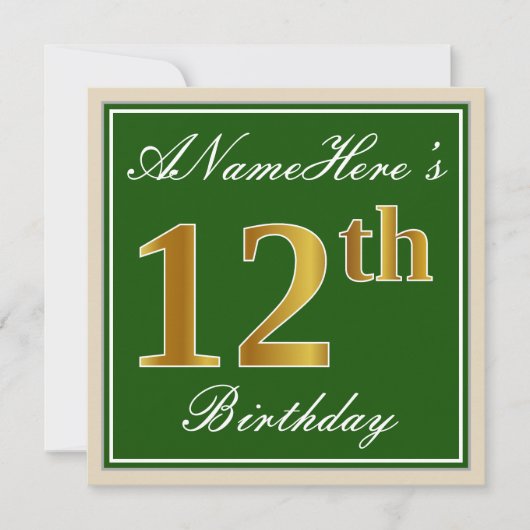 Elegant, groen, Faux Gold 12th Birthday + naam Kaart (Voorkant)