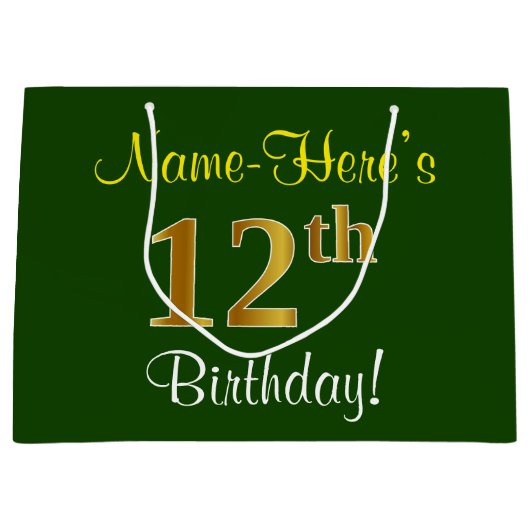 Elegant, groen, Faux Gold 12th Birthday + naam Large Cadeautasje (Voorkant)