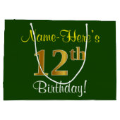 Elegant, groen, Faux Gold 12th Birthday + naam Large Cadeautasje (Achterkant)