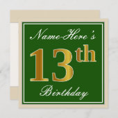 Elegant, groen, Faux Gold 13th Birthday + naam Kaart (Voorkant / Achterkant)
