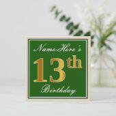 Elegant, groen, Faux Gold 13th Birthday + naam Kaart (Staand voorkant)