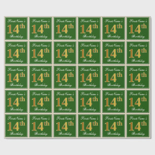 Elegant, groen, Faux Gold 14th Birthday + naam Cadeaupapier