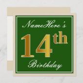 Elegant, groen, Faux Gold 14th Birthday + naam Kaart (Voorkant / Achterkant)