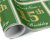 Elegant, groen, Faux Gold 15th Birthday + naam Cadeaupapier (Rol Hoek)