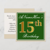 Elegant, groen, Faux Gold 15th Birthday + naam Kaart (Voorkant / Achterkant)