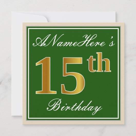 Elegant, groen, Faux Gold 15th Birthday + naam Kaart (Voorkant)