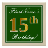 Elegant, groen, Faux Gold 15th Birthday + naam Poster (Voorkant)