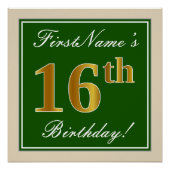 Elegant, groen, Faux Gold 16e verjaardag + naam Poster (Voorkant)