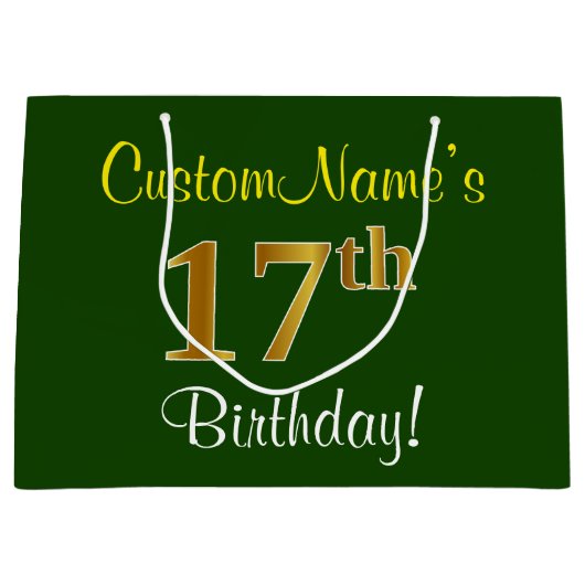 Elegant, groen, Faux Gold 17th Birthday + naam Groot Cadeauzakje (Voorkant)