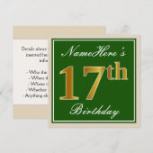Elegant, groen, Faux Gold 17th Birthday + naam Kaart (Voorkant / Achterkant)