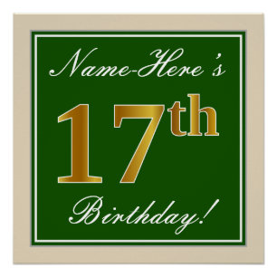 Elegant, groen, Faux Gold 17th Birthday + naam Poster