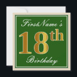 Elegant, groen, Faux Gold 18th Birthday   naam Kaart<br><div class="desc">Dit eenvoudige en elegante uitnodigingsontwerp voor verjaardagsfeestjes bevat een gepersonaliseerde boodschap zoals "FirstName's 18th Birthday" (met de "18th" met een faux / imitatie goudachtige kleurige look) in een groen gekleurd vierkant gebied met een eenvoudige rand. De naam is in een elegante wit-gekleurde script-achtige tekst, en kan worden aangepast. De achterkant...</div>