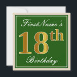 Elegant, groen, Faux Gold 18th Birthday   naam Kaart<br><div class="desc">Dit eenvoudige en elegante uitnodigingsontwerp voor verjaardagsfeestjes bevat een gepersonaliseerde boodschap zoals "FirstName's 18th Birthday" (met de "18th" met een faux / imitatie goudachtige kleurige look) in een groen gekleurd vierkant gebied met een eenvoudige rand. De naam is in een elegante wit-gekleurde script-achtige tekst, en kan worden aangepast. De achterkant...</div>