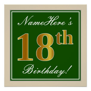 Elegant, groen, Faux Gold 18th Birthday + naam Perfect Poster