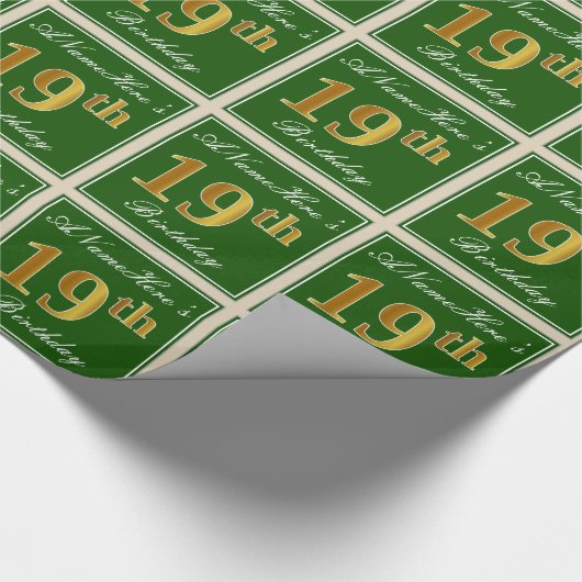 Elegant, groen, Faux Gold 19th Birthday + naam Cadeaupapier (Hoek)