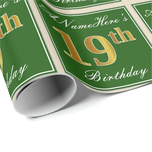Elegant, groen, Faux Gold 19th Birthday + naam Cadeaupapier (Rol Hoek)