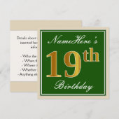 Elegant, groen, Faux Gold 19th Birthday + naam Kaart (Voorkant / Achterkant)