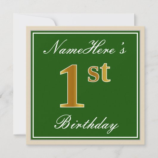 Elegant, groen, Faux Gold 1st Birthday + naam Kaart (Voorkant)