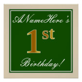 Elegant, groen, Faux Gold 1st Birthday + naam Poster (Voorkant)