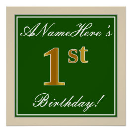 Elegant, groen, Faux Gold 1st Birthday + naam Poster