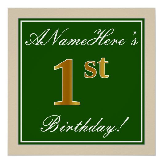Elegant, groen, Faux Gold 1st Birthday + naam Poster (Voorkant)