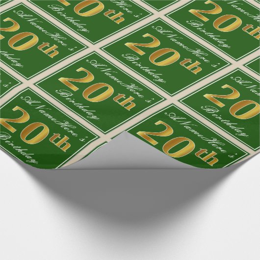 Elegant, groen, Faux Gold 20th Birthday + naam Cadeaupapier (Hoek)