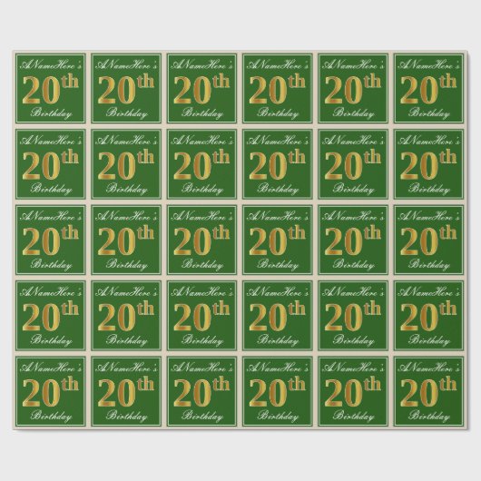Elegant, groen, Faux Gold 20th Birthday + naam Cadeaupapier (Vlak)